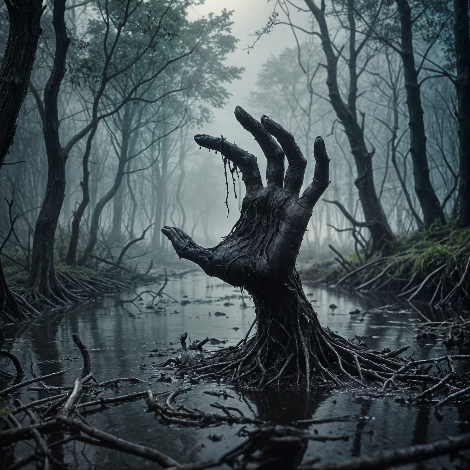 Tar Hand Emerges from Bog: Gothic Horror Art