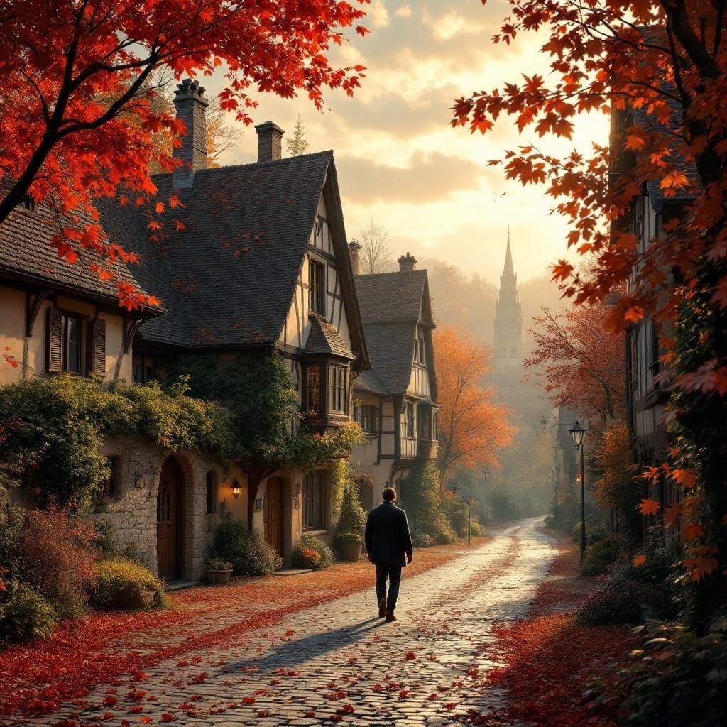 Cozy French Village Street in Autumn Light