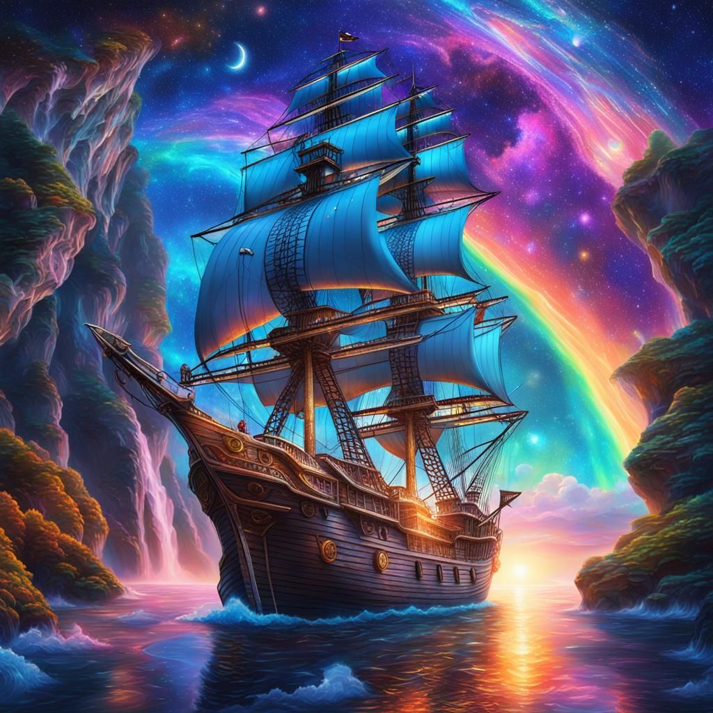 Pirate Ship Sails Stars in Astral Illustration