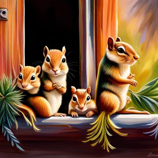 Little chipmunks sitting on a kitchen window sill 2