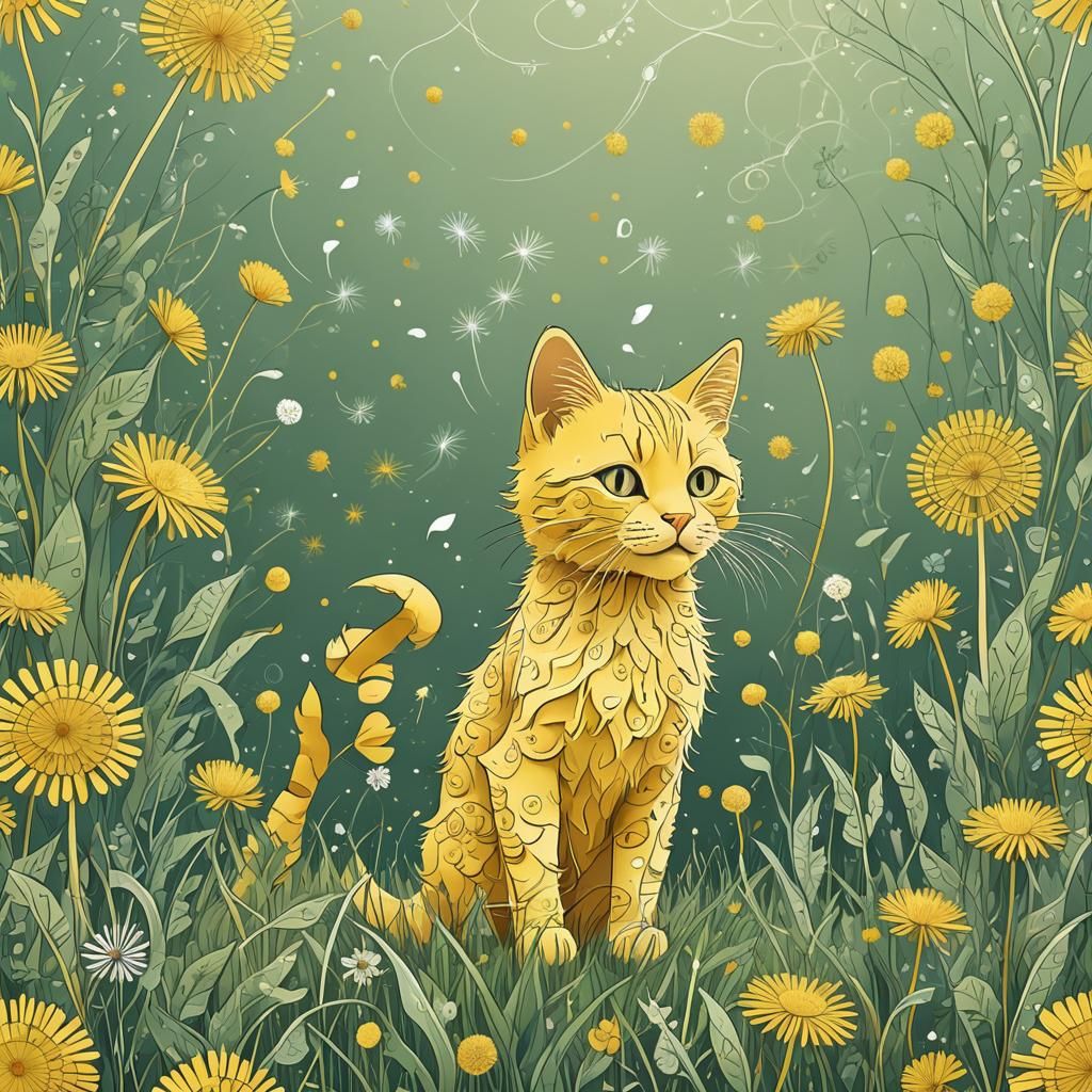 Yellow Cat Playing in Dandelion Field: Abstract Vector Art