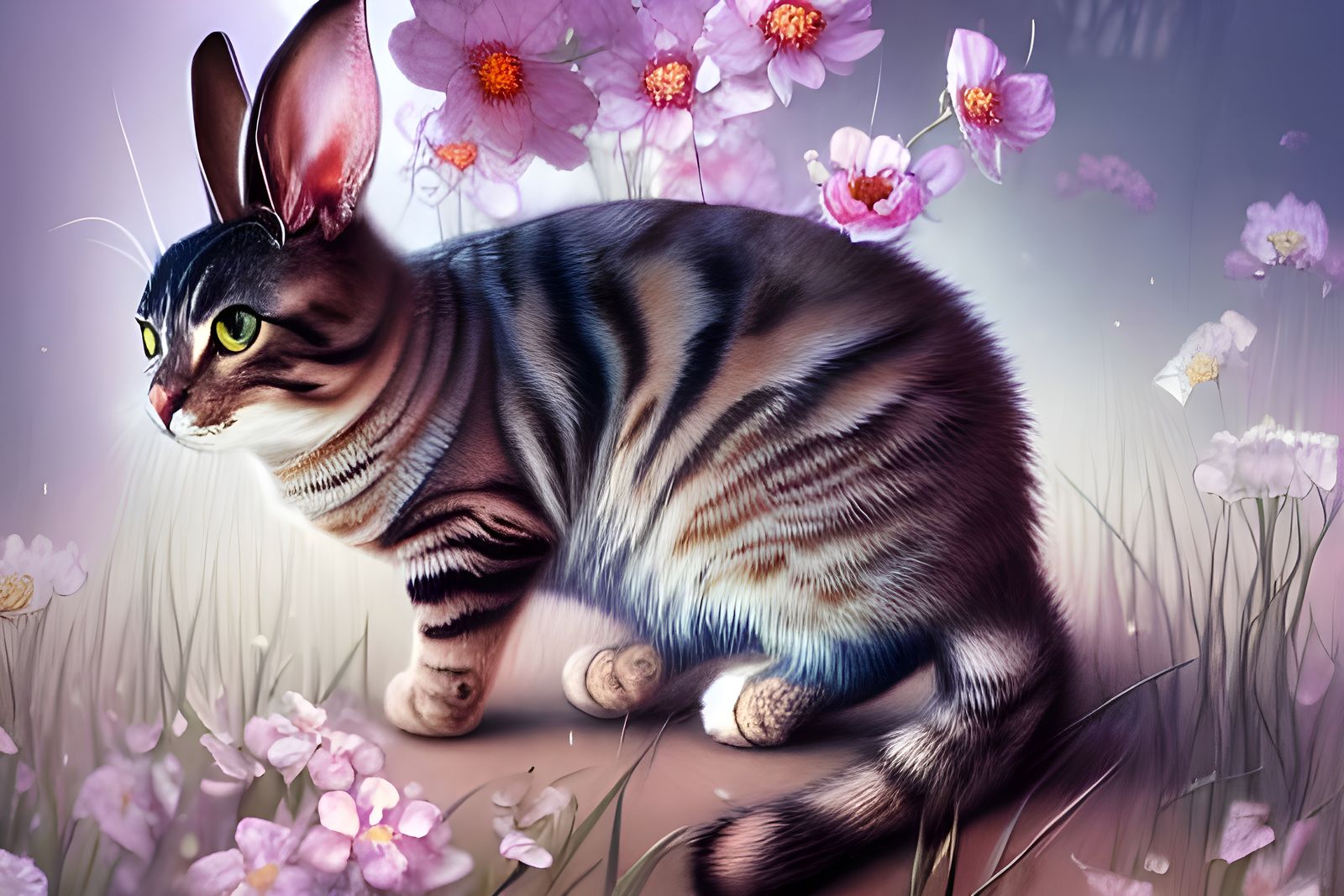 Rabbit-Cat Hybrid with Sakura Blossoms