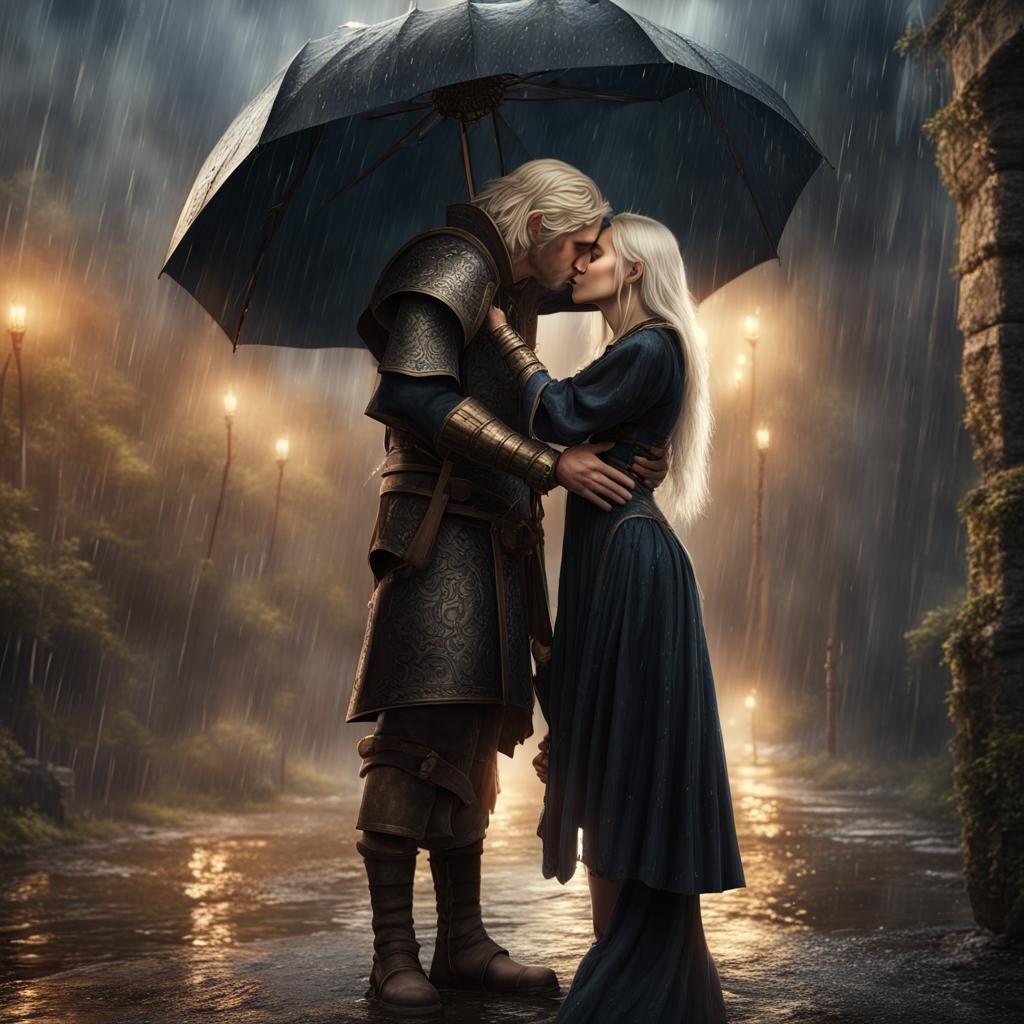 Passionate Kiss in the Rain: Medieval Fantasy Art