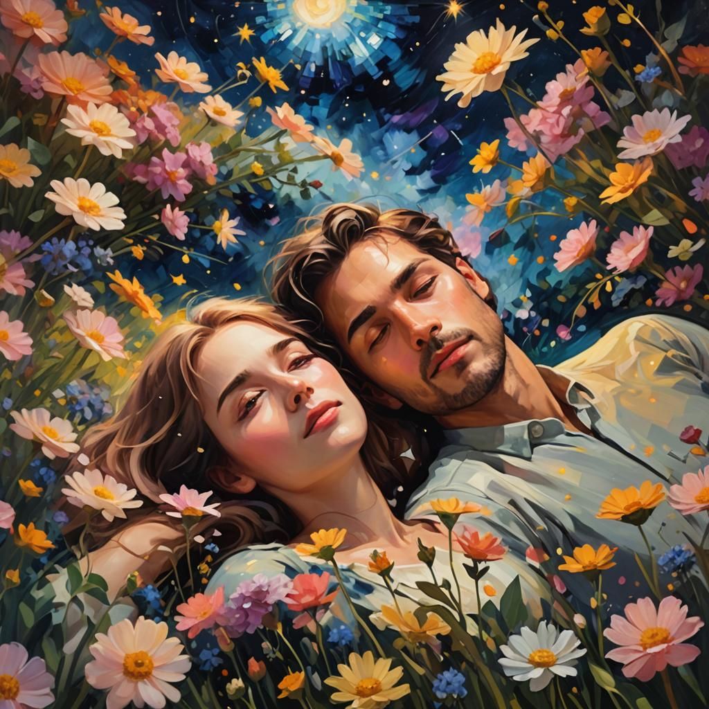 Romantic Couple Gazing at Universe Reflection