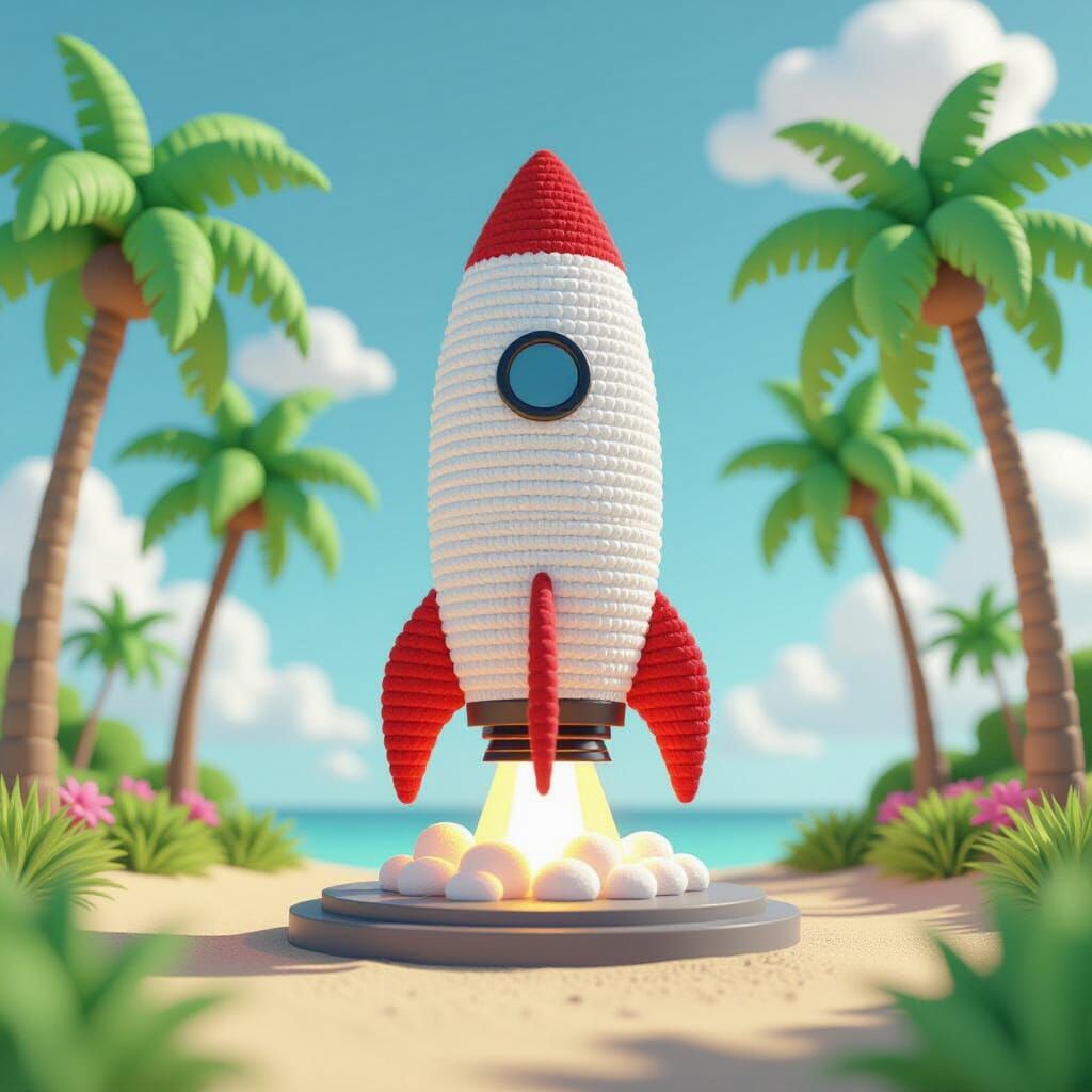 Crocheted Rocket Launch in Vibrant 3D Anime Style