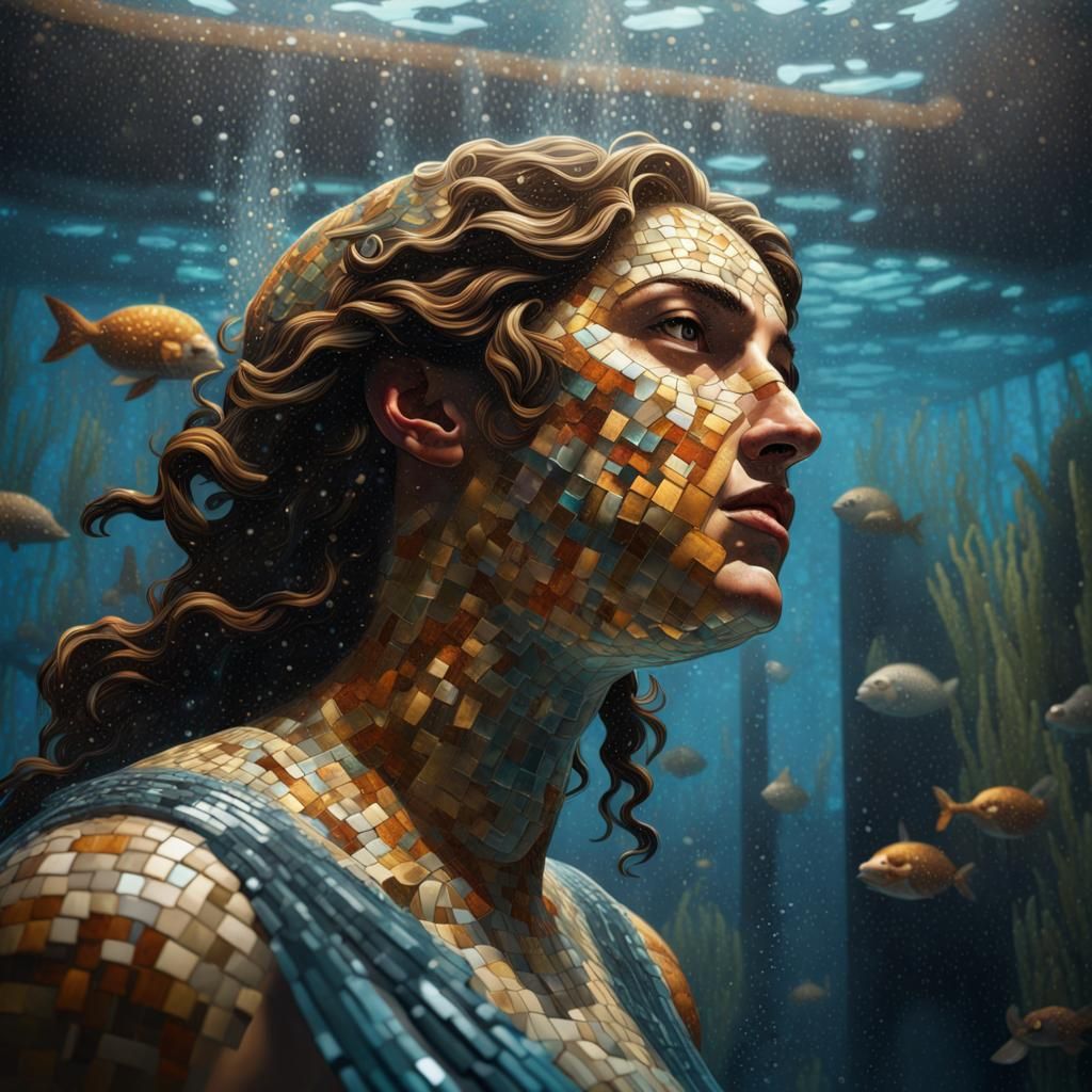 Underwater Roman Mosaic Statue: Mythological Scenes