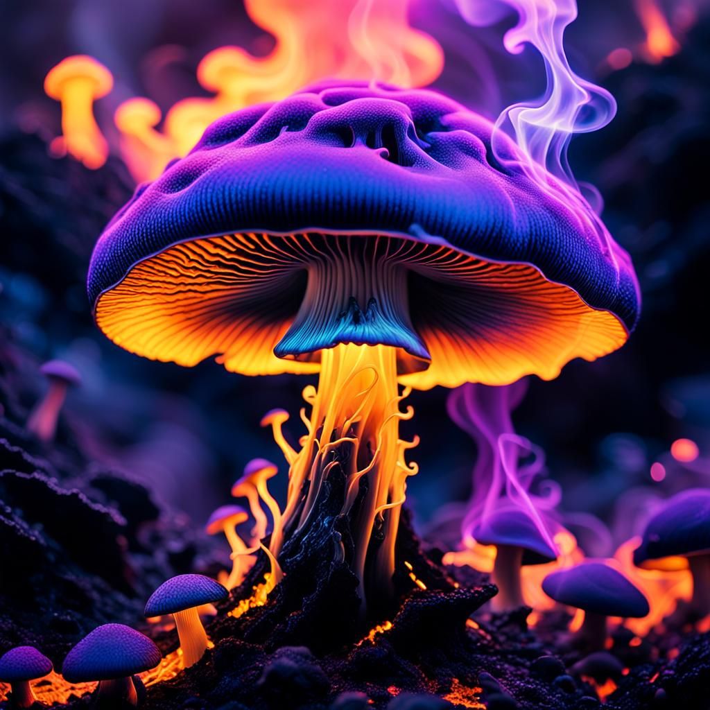 Glowing Smoky Mushroom in Surreal Neon Lava