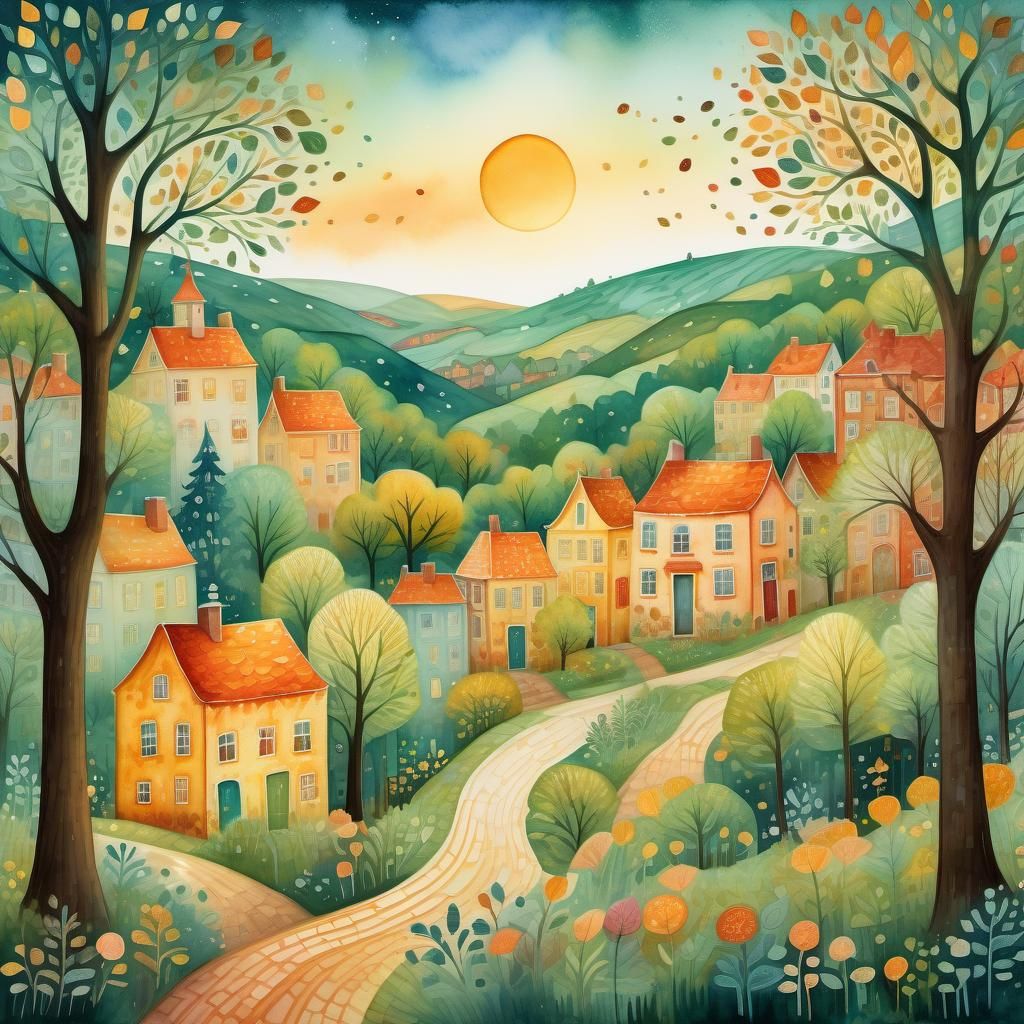 Vibrant naive art. Medium shot. Quaint townscape set in a wh...