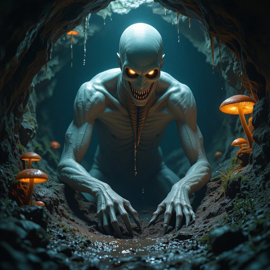 Pale Humanoid Digging Tunnel in Dark Cavern