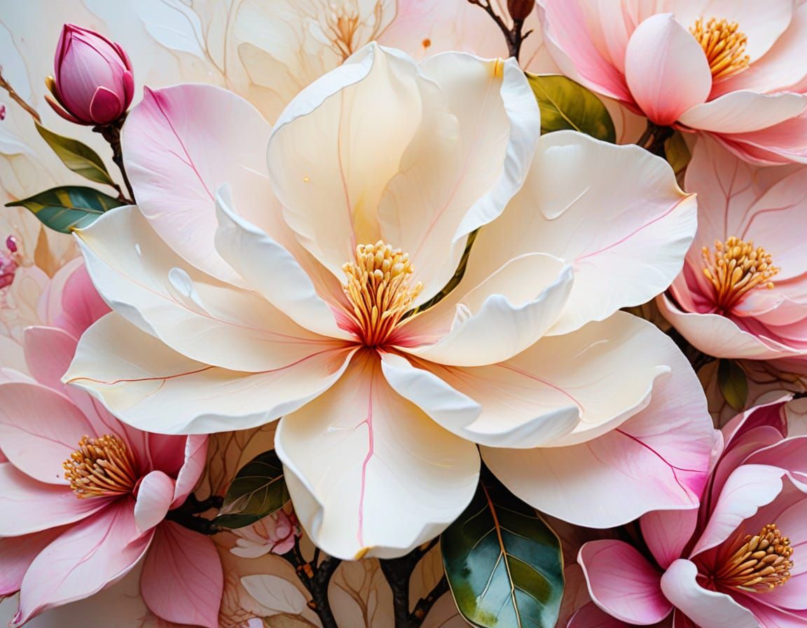 Serene Alcohol Ink Magnolias in Creamy Ivory and Pink