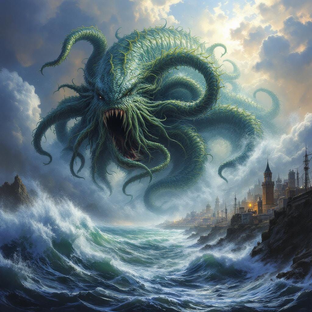 Kraken Emerges from the Deep: Oil Painting Style