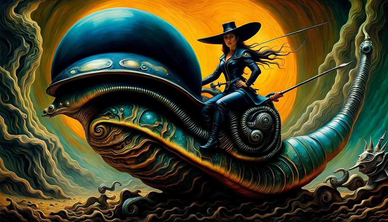 Space Cowgirl Rides Snail in Surreal Art Style