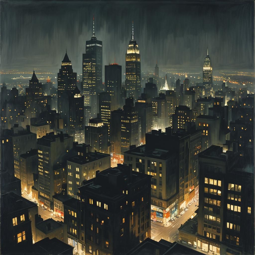 Dark Metropolitan Cityscape at Night in Watercolor Style
