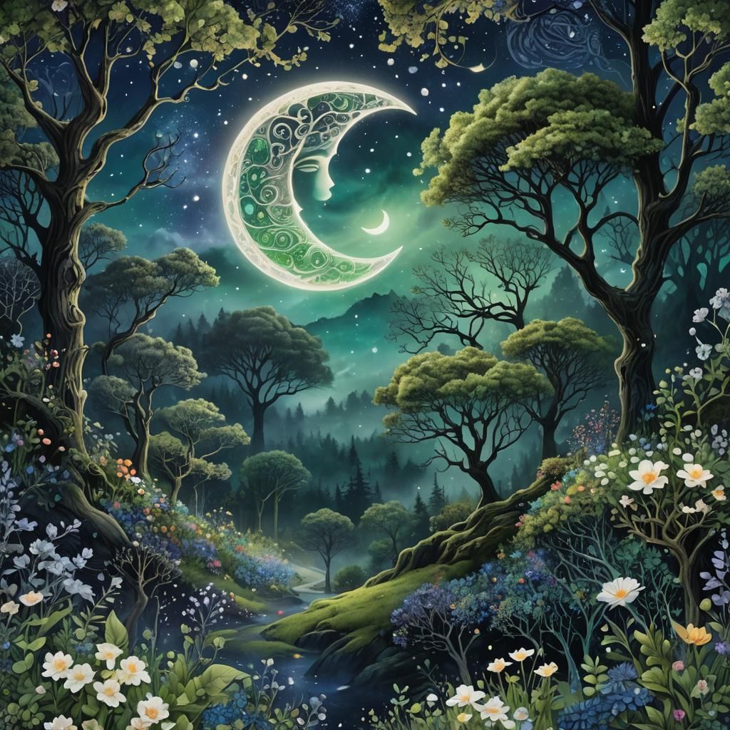 Floral Crescent Moon with Cosmic Dust, Fantasy Art