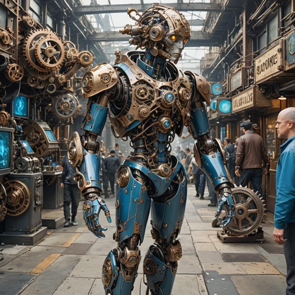 Futuristic Steampunk Humanoid in Blue and Metallic Tones