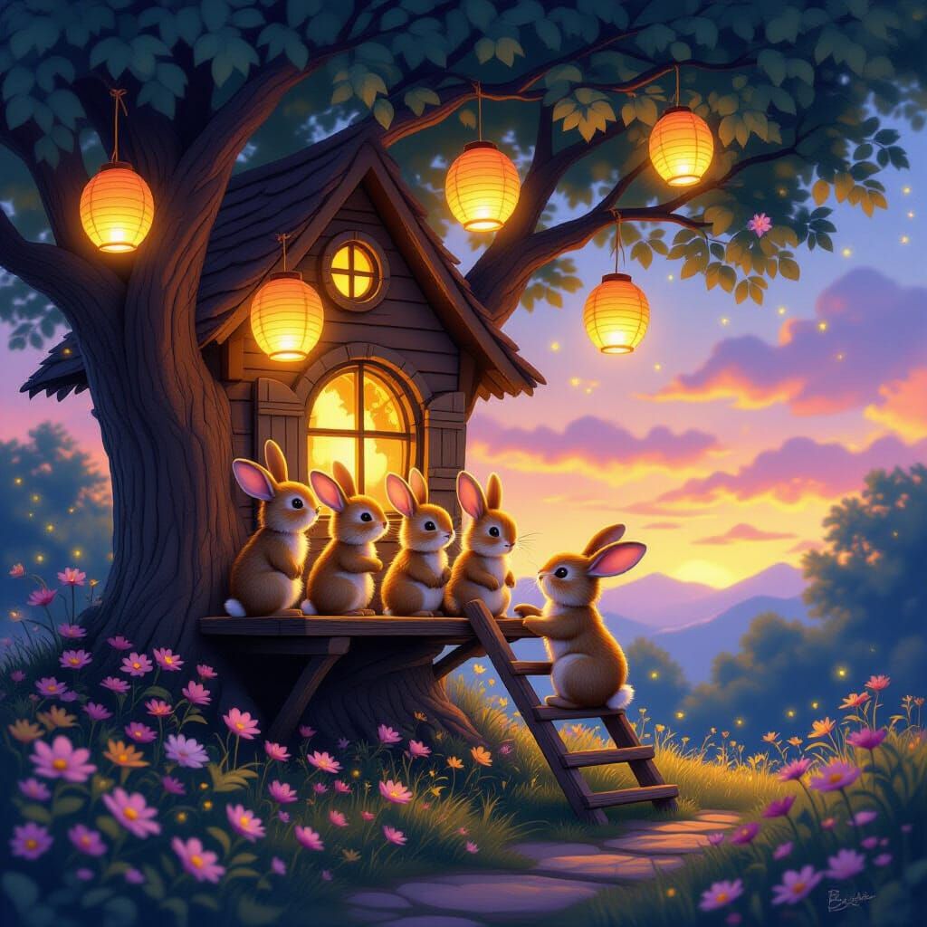 Rabbits Decorate Treehouse with Glowing Lanterns at Twilight
