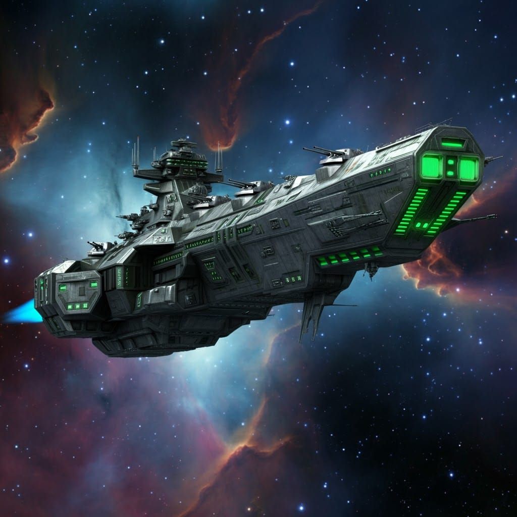 Silver Space Warship in Nebula with Green Accents