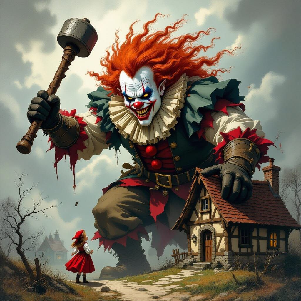 Giant Clown Wields Mace Against Medieval House