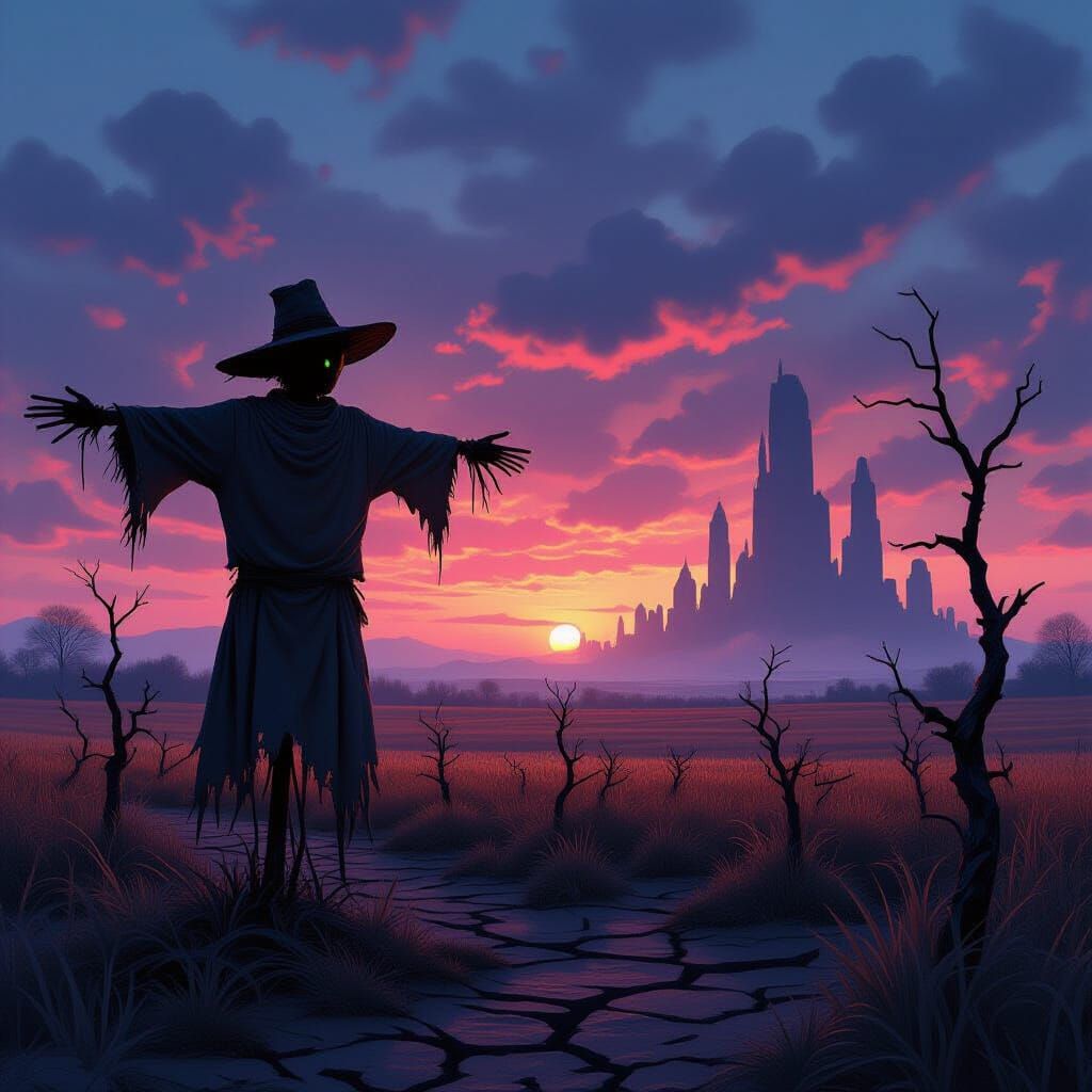 Scarecrow in Alien City Ruins Under Twilight Sky