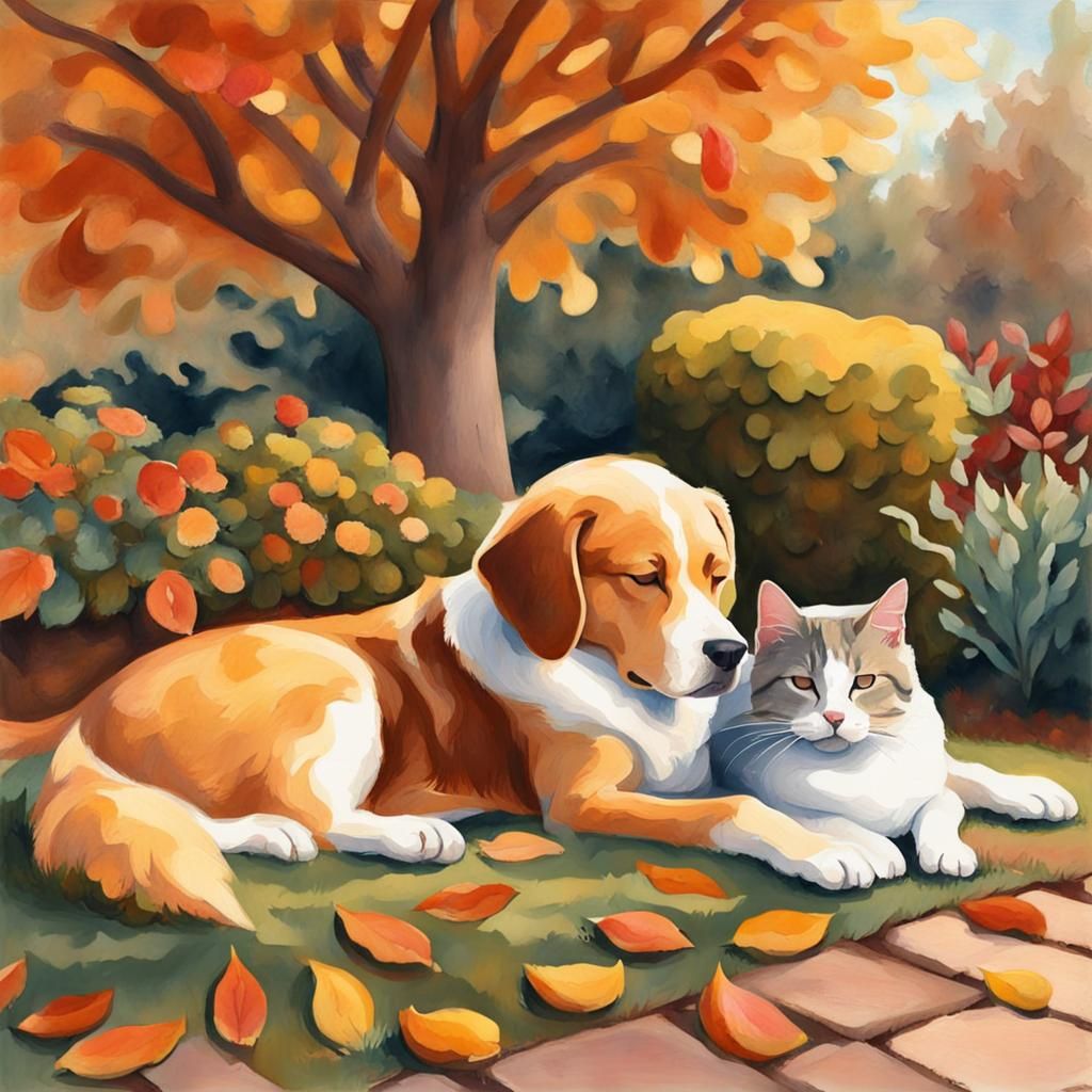 Dog and Cat Sleeping: Impressionist Gouache Autumn Scene