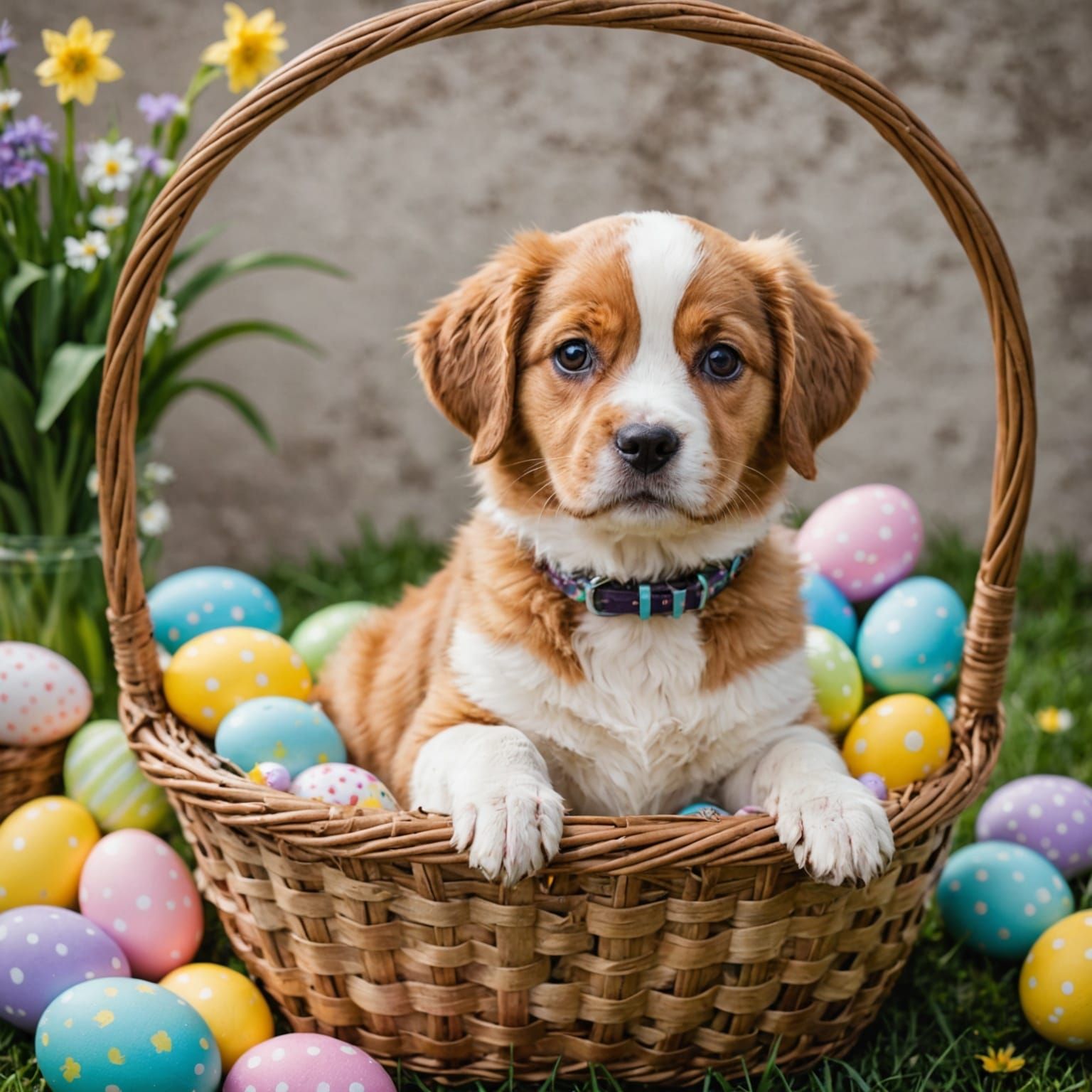 Cute Dog Sits in Easter Basket in Whimsical Art