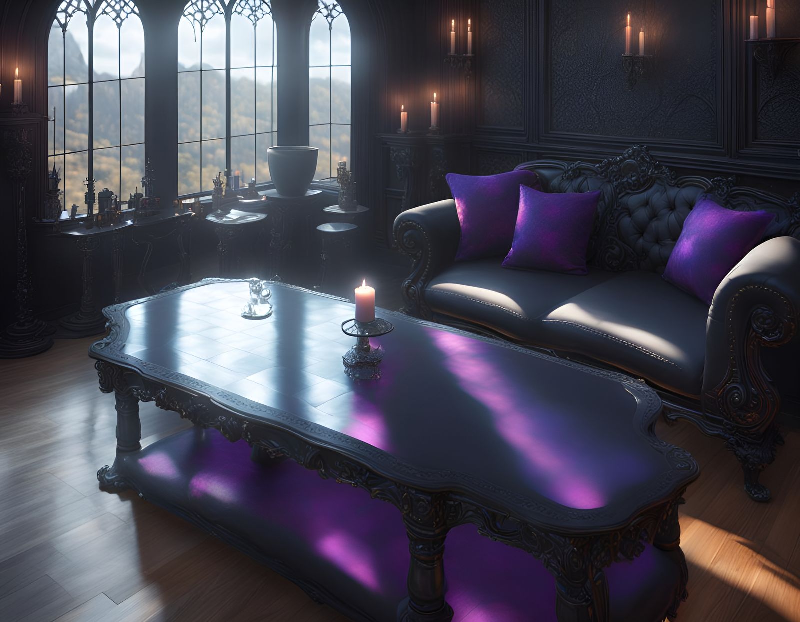 Realistic Gothic living room with walls painted black and Black Gothic couch and huge Gothic window& gothic architecture...