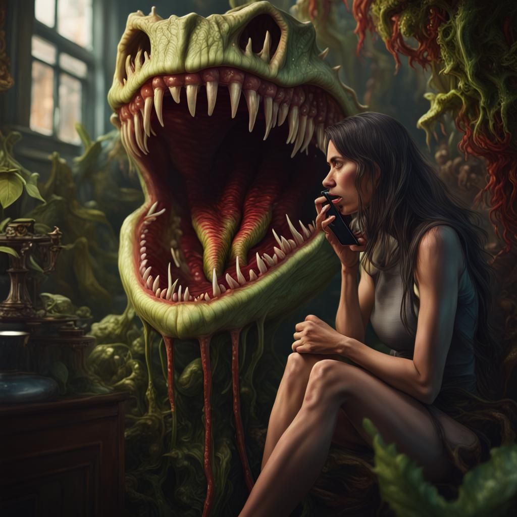 Person in Monster Plant Mouth, Detailed Digital Art
