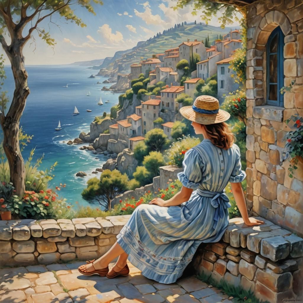 Impressionist Woman Admiring Italian Coastal View