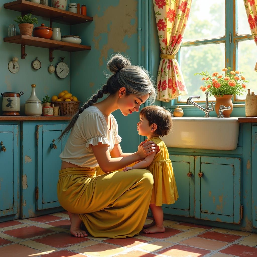 Mother and Child Share a Tender Moment in a Whimsical Kitche...