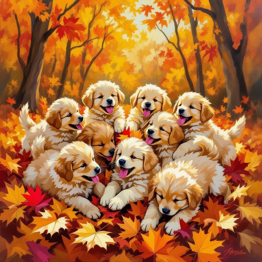 Golden Retriever Puppies Play in Autumn Leaves