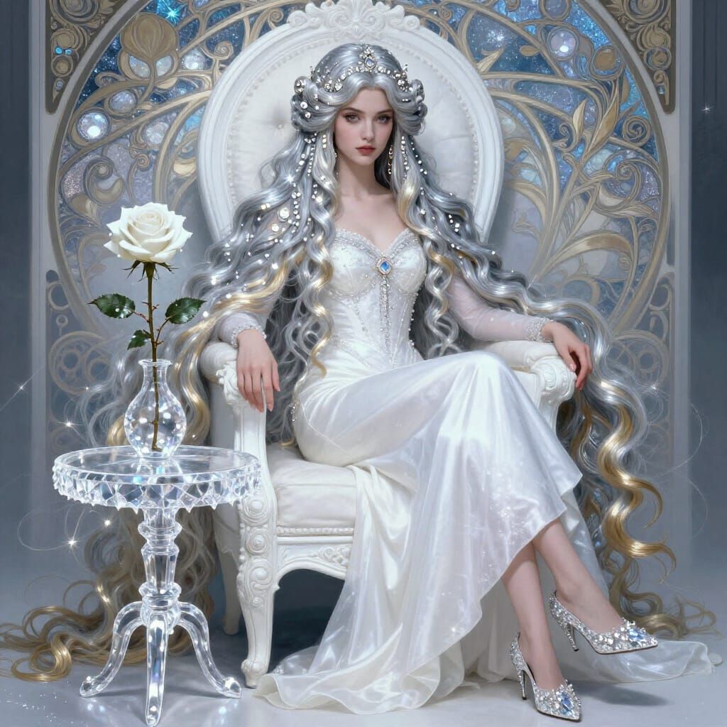 Woman in White Throne with Silver-Gold Hair and Rose