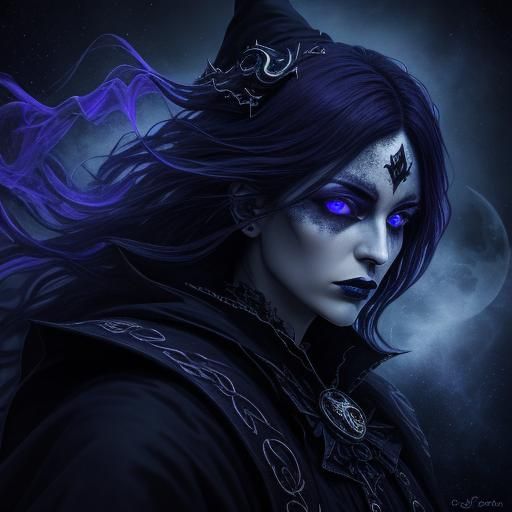 Gothic Witch Logo with Crescent Moon and Stars