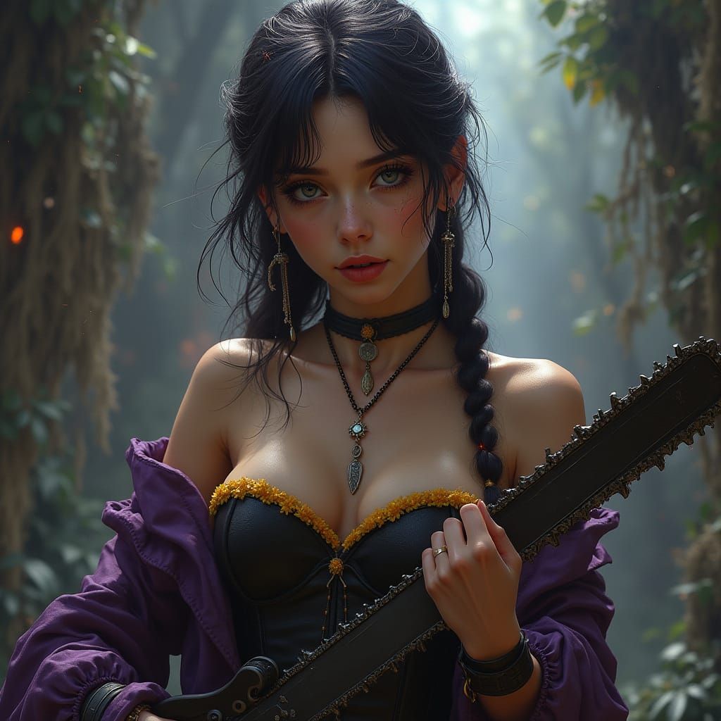 Dark Fantasy Maiden Wields Chainsaw in Mystical Atmosphere