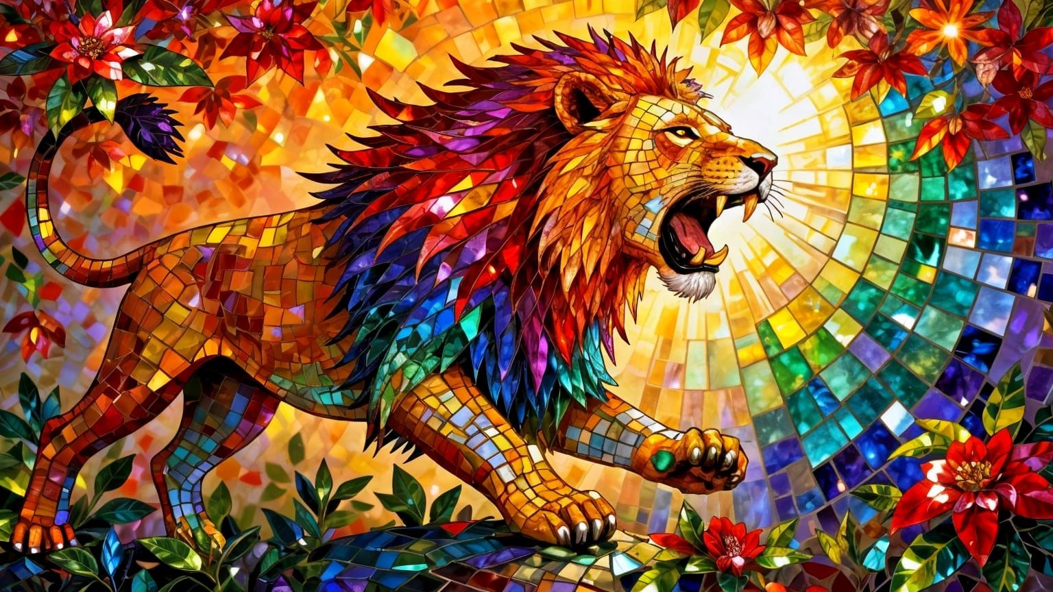 Majestic Lion Roaring in Vibrant Stained Glass Style