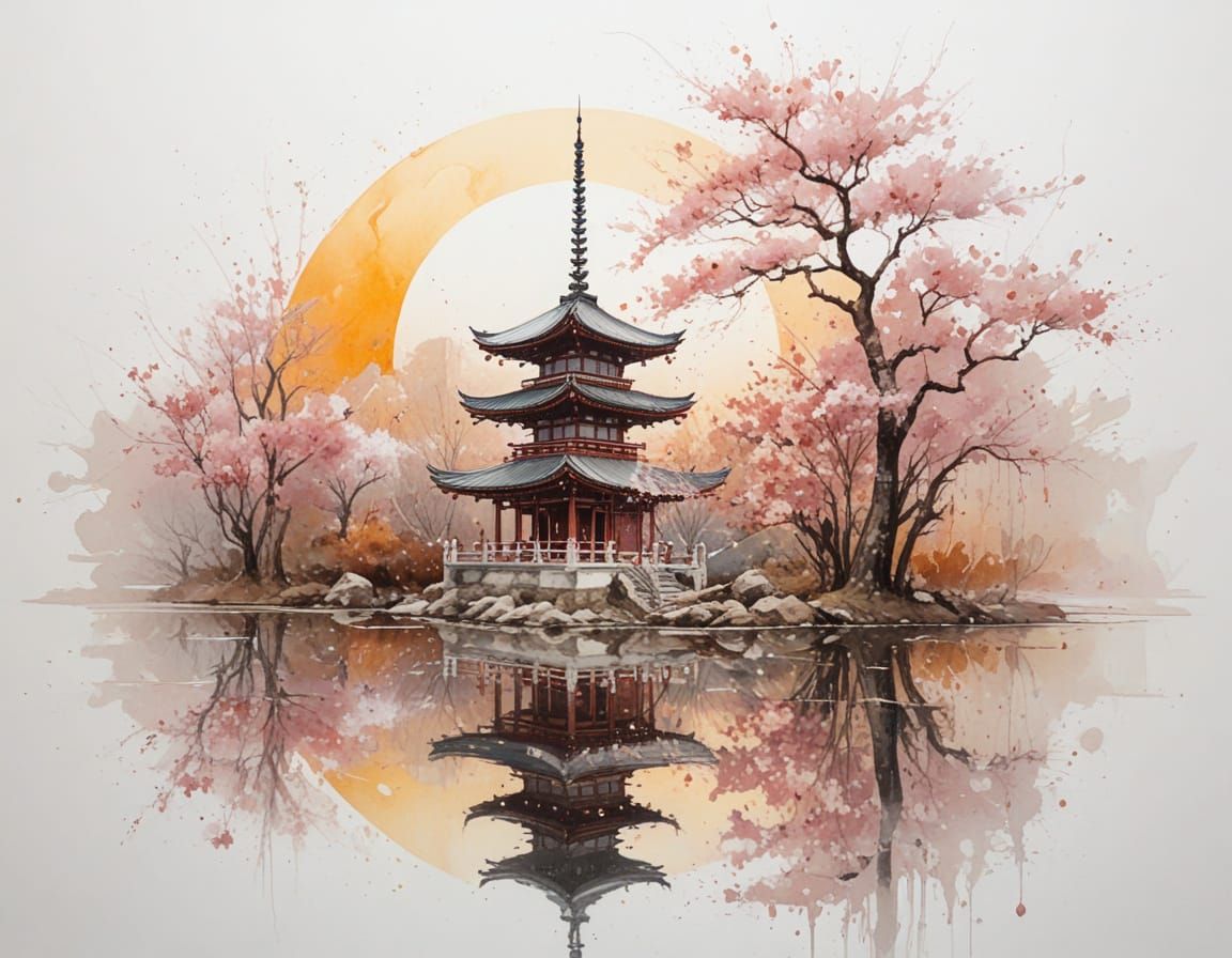 Pagoda Reflections at Dusk: Japanese Scenery