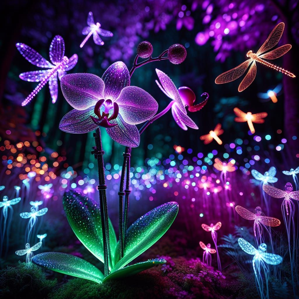 Crystal Orchid in Mystical Bioluminescent Forest