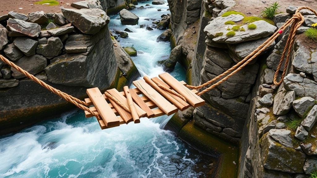 Beaded Rope Bridge Over Raging Gorge