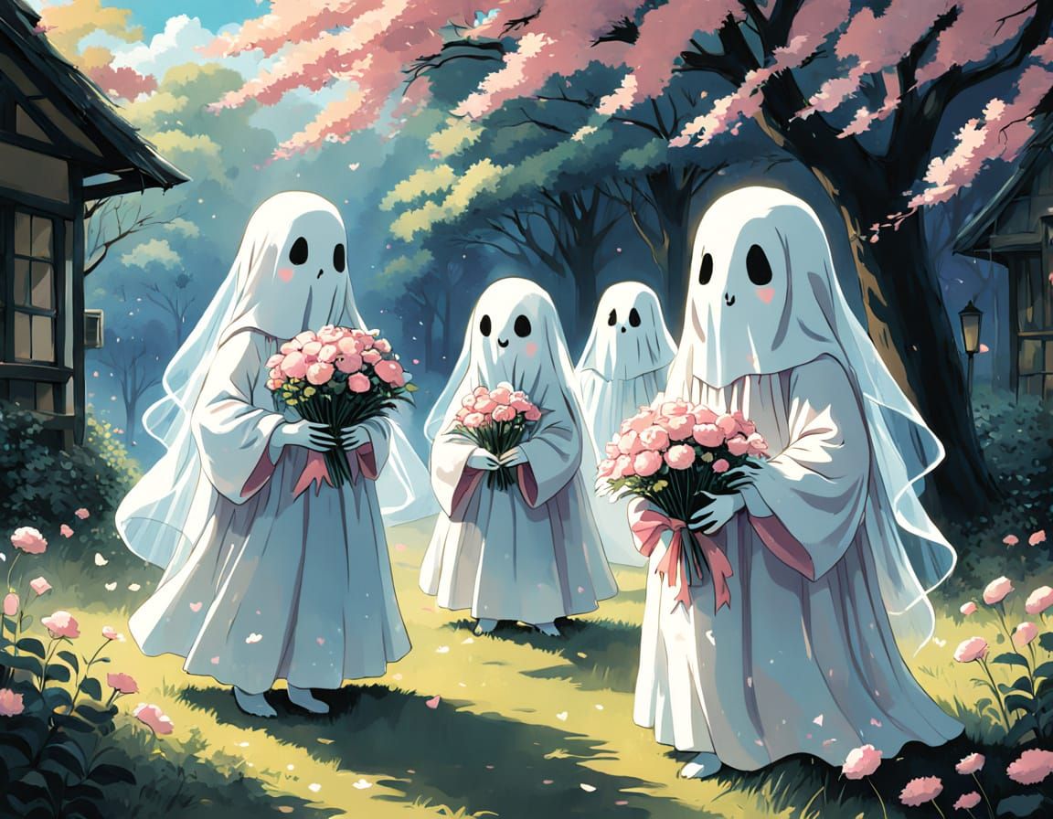 Charming Ghosts with Pink Bows in Whimsical Illustration