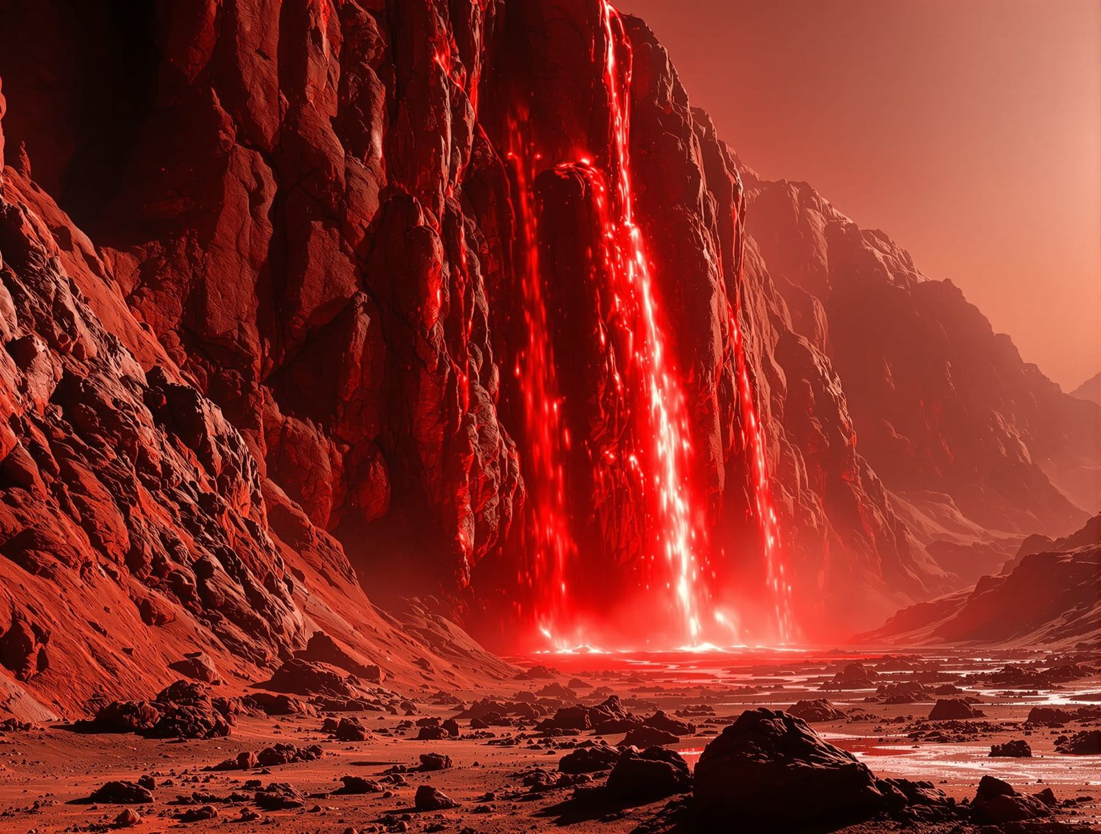 Spectacular Red Waterfall on Mars Cinematic Film Still