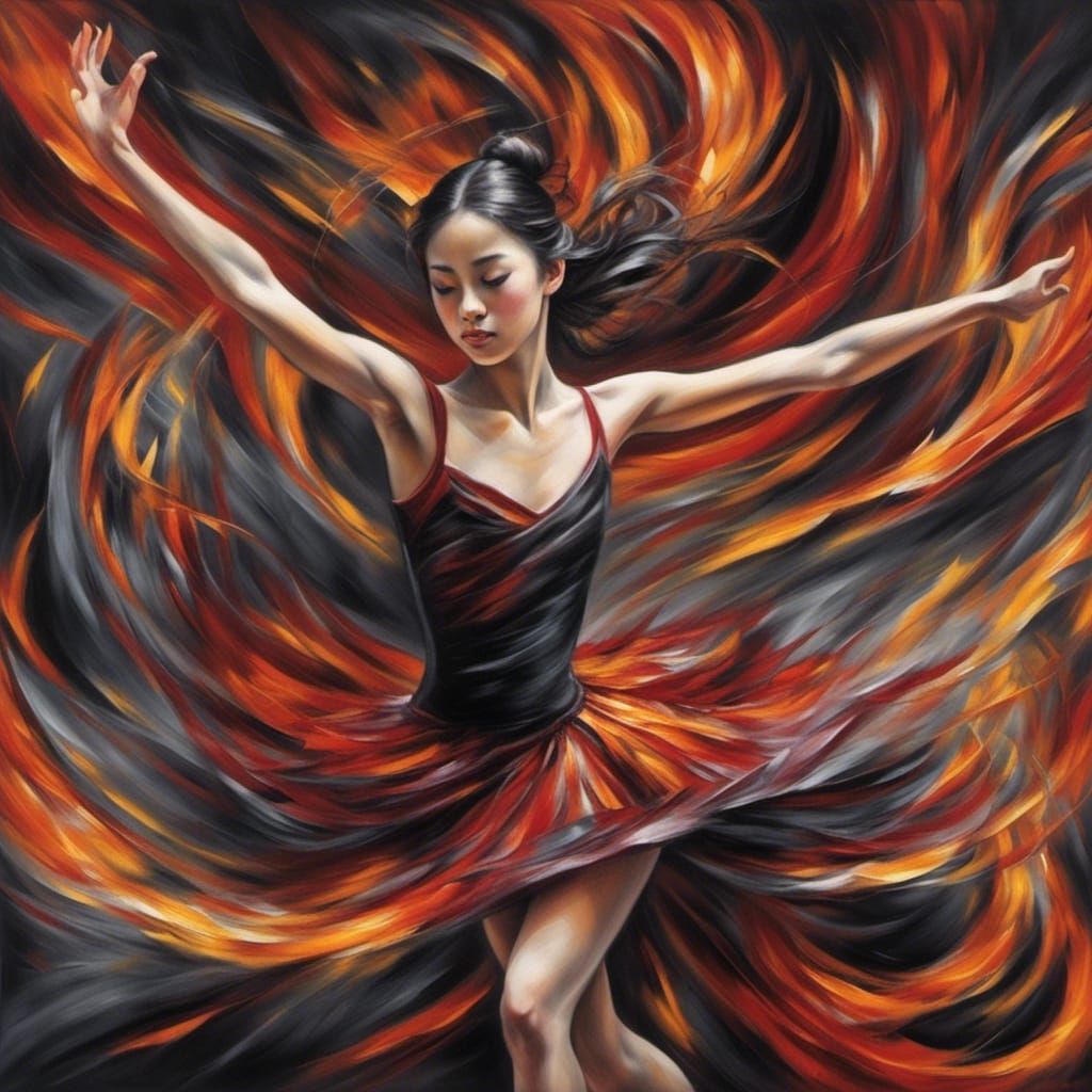 Fiery Asian Ballerina Dance on Black