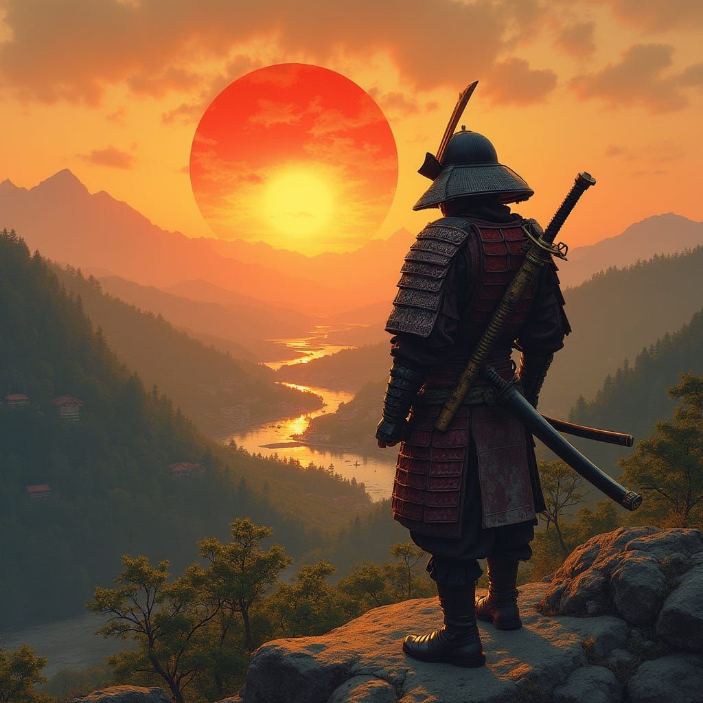 Samurai Silhouette at Sunset in Woodblock Print Style