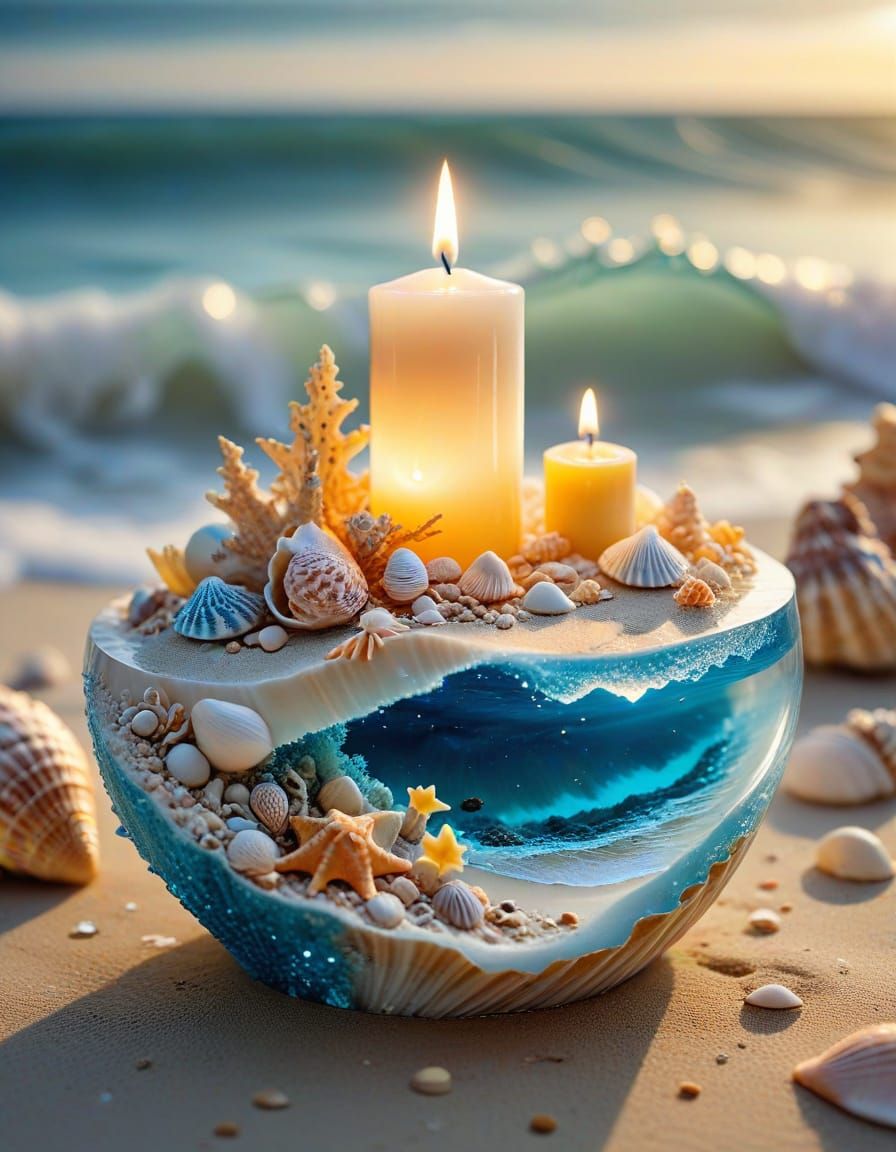 Ethereal Candle with Fantasy Ocean Double Exposure
