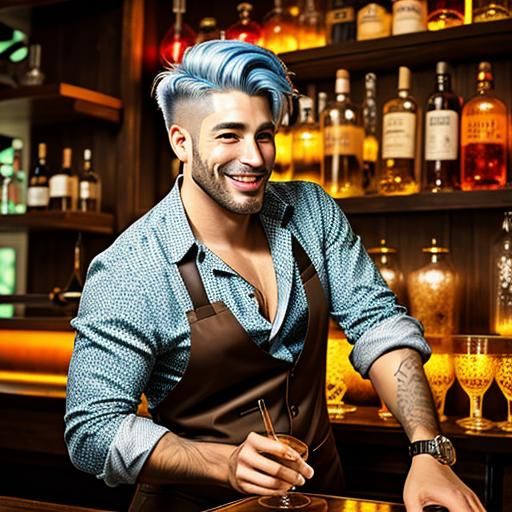 Maximalist : In a outdoorsy Tiki bar, Trendy Hipster Bartend...