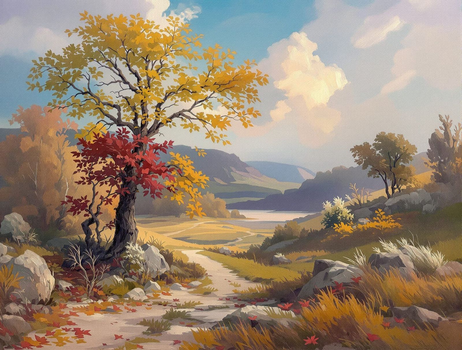 Autumn Landscape as Romantic 19th Century Oil Painting