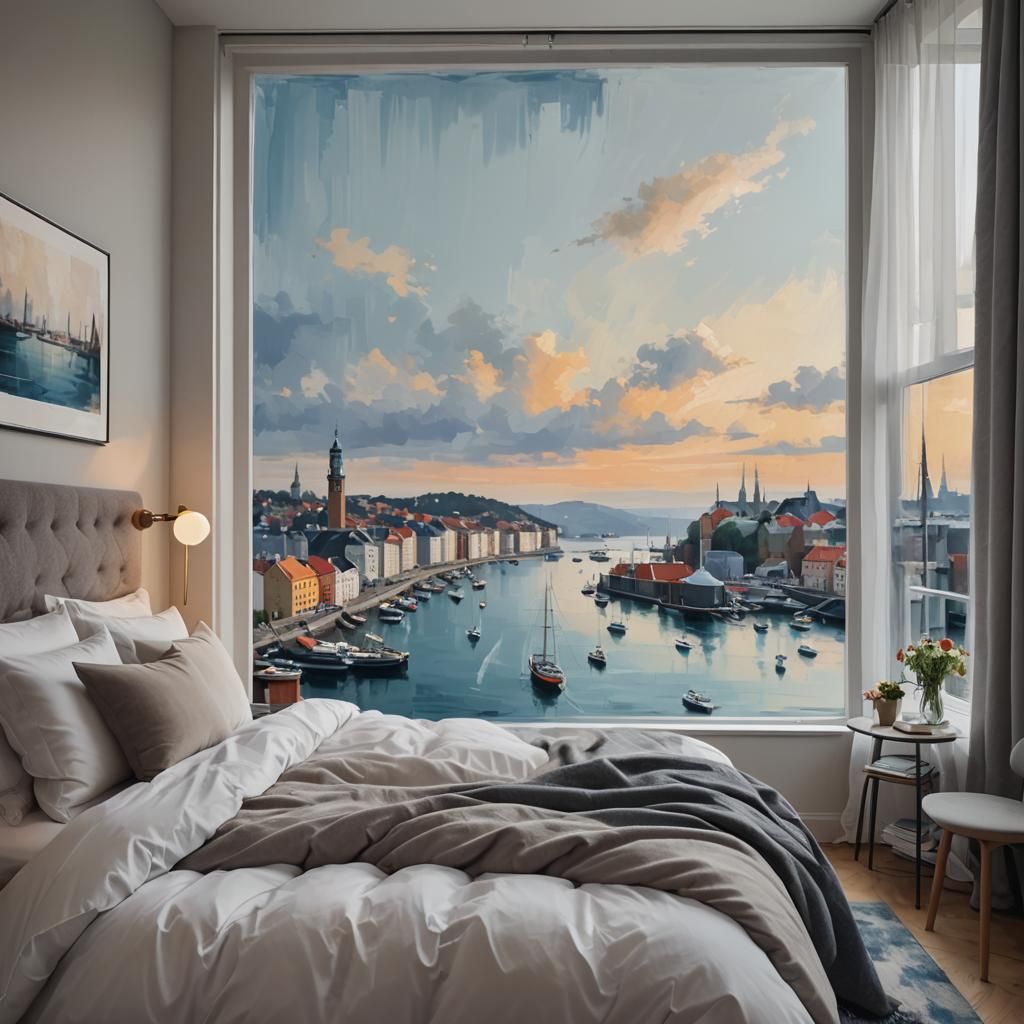 Cosy Harbour View Bedroom with Abstract Art