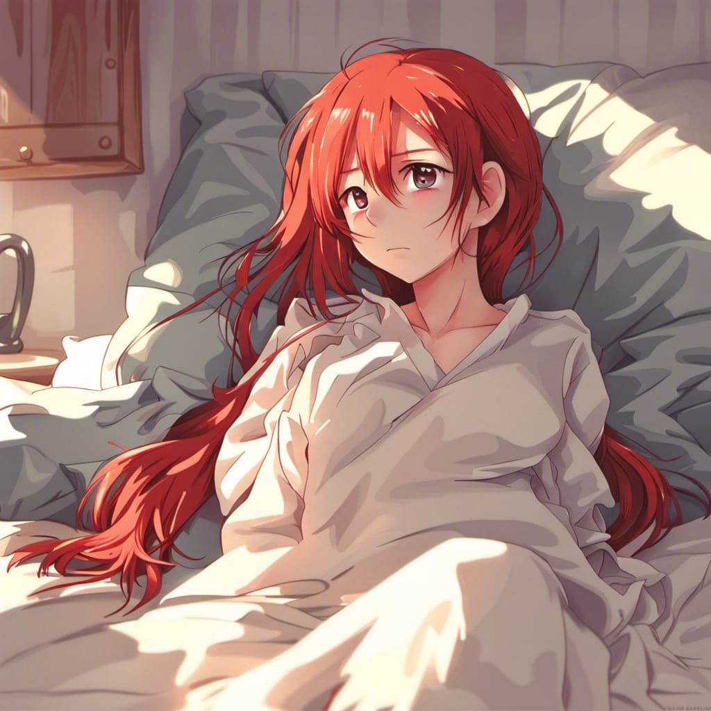 Red-Haired Girl Waking Up, Anime Style