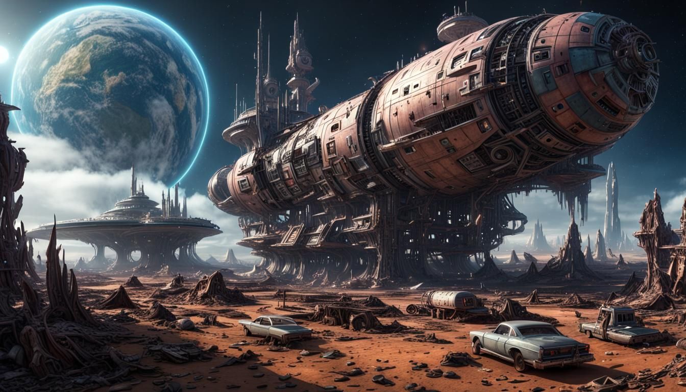 Cosmic Fantasy Starship Junkyard on Colony World