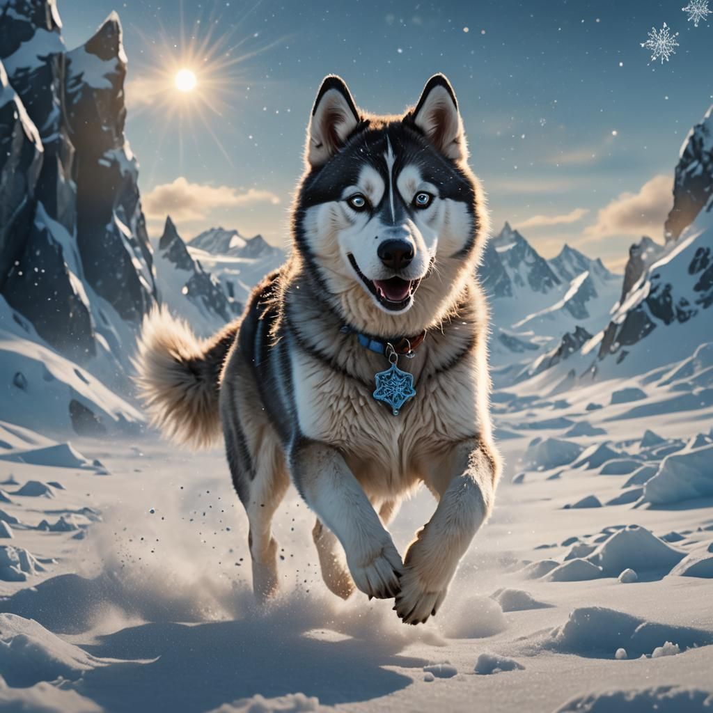 Husky Running Through Antarctic Snow in Matte Painting Style