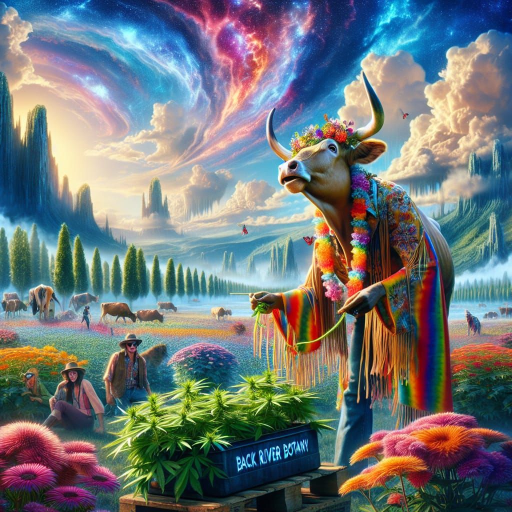 Hippie Bull in Psychedelic Landscape Digital Art