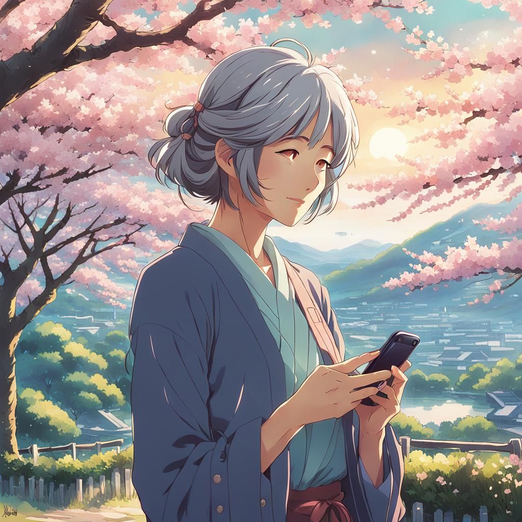 Anime Woman with Grey Hair in Cherry Blossom Garden